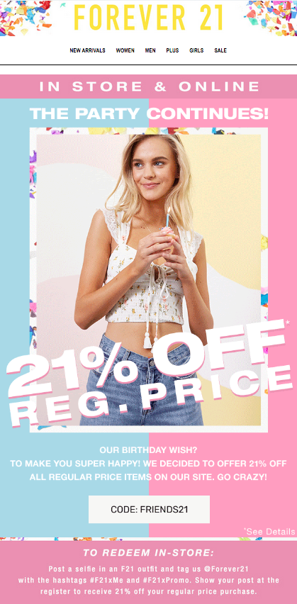 Forever 21 promotional campaign with a discount code